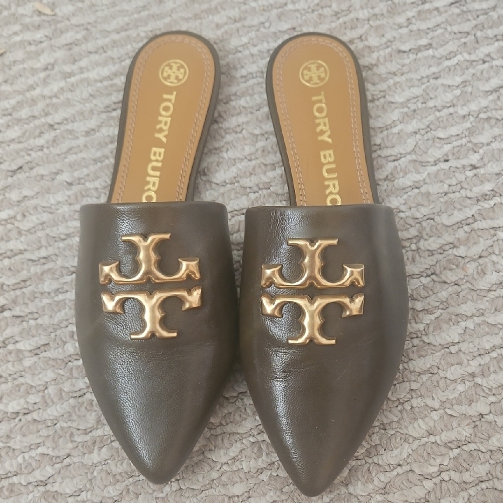 Tory Burch Olive Leather Mules with Gold Logo